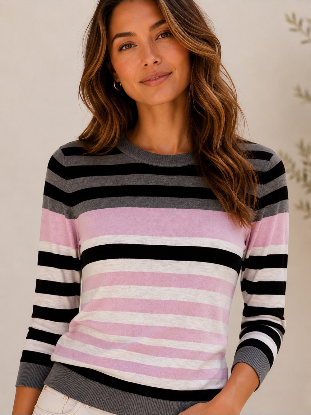 Banana Republic Women’s Small Lightweight Striped Knit Sweater Pink Black Gray